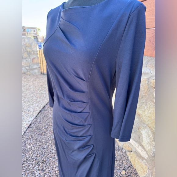 HOMEEYE Navy Blue Ruched Sheath Dress Large 3/4 Sleeve Bodycon Work EXCELLENT - Picture 12 of 13
